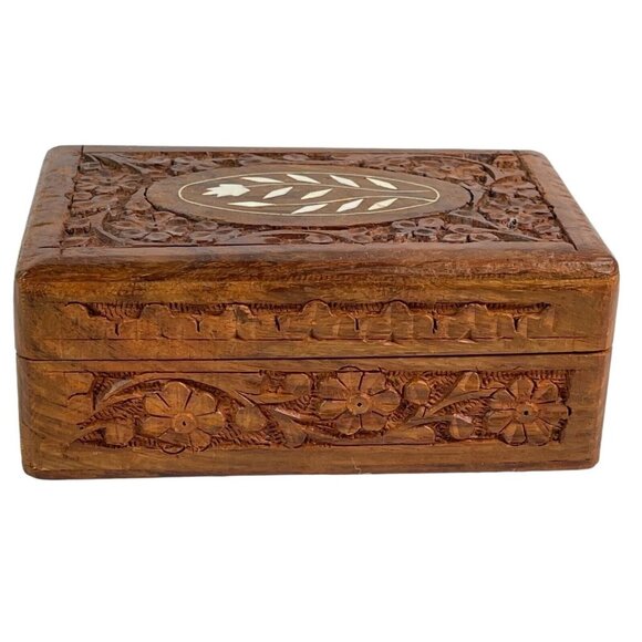 Vintage Wood Trinket Box Hand Carved Inlay Jewelry Box Storage - Picture 4 of 9